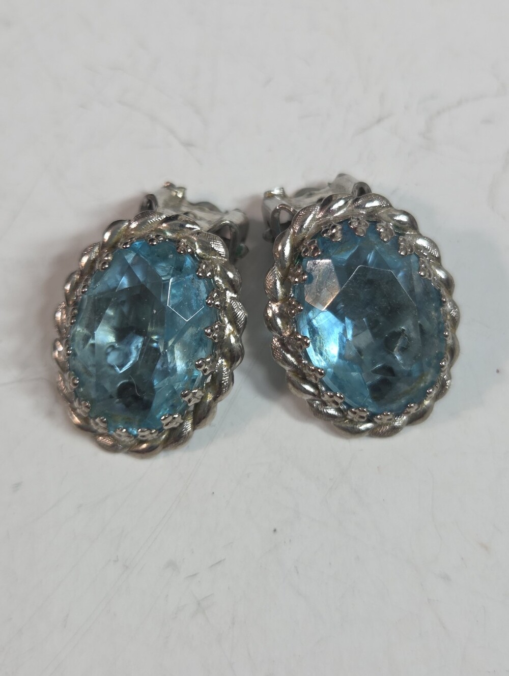 vtg 50s czech clip earrings faceted glass aqua blue oval silver tone rope edge